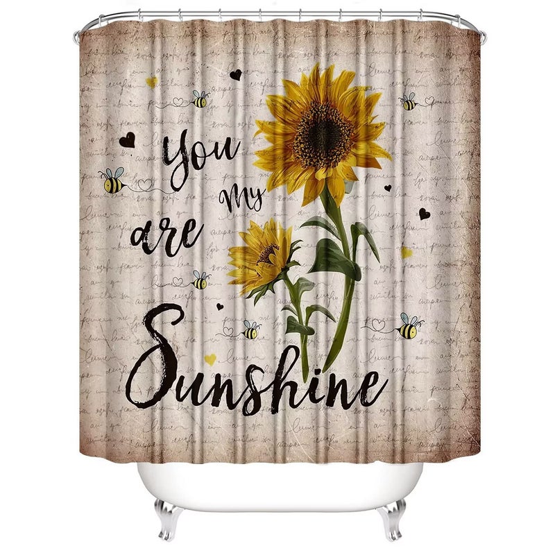 AZHM 4 قطع مجموعة ستائر الدش عباد الشمس مع السجاد أنت My Sunshine مجموعة ديكور الحمام ستائر الحمام مجموعة الدش مع 12 خطافًا - Image 3